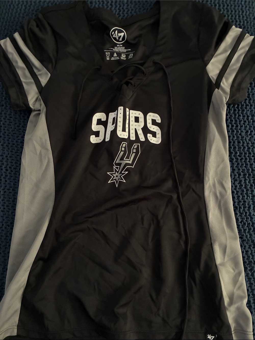47 Brand San Antonio Spurs Black and Gray Lace-Up Jersey Medium